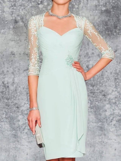 Two Piece Sheath / Column Mother of the Bride Dress Elegant Sweetheart Neckline Knee Length Chiffon 3/4 Length Sleeve with Pleats Embroidery - RongMoon