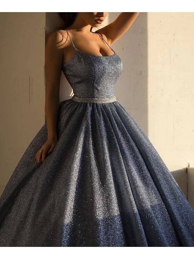 A-Line Luxurious Princess Engagement Prom Dress Spaghetti Strap Sleeveless Floor Length Sequined with Pleats - RongMoon