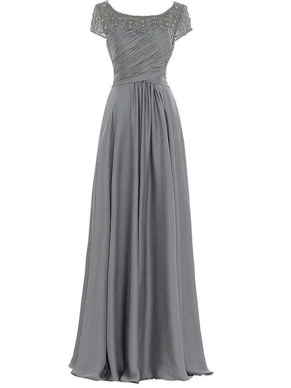 Sheath / Column Mother of the Bride Dress Elegant Jewel Neck Floor Length Chiffon Sleeveless with Pleats Beading - RongMoon
