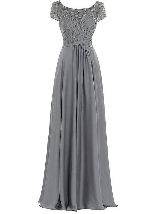 Sheath / Column Mother of the Bride Dress Elegant Jewel Neck Floor Length Chiffon Sleeveless with Pleats Beading - RongMoon