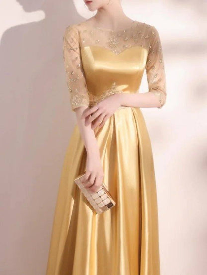 A-Line Elegant Homecoming Formal Evening Dress Jewel Neck Half Sleeve Floor Length Satin with Appliques - RongMoon