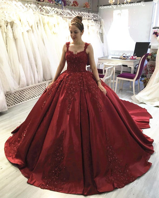 Satin Ball Gown Dresses Lace Beaded Sweetheart With Straps
