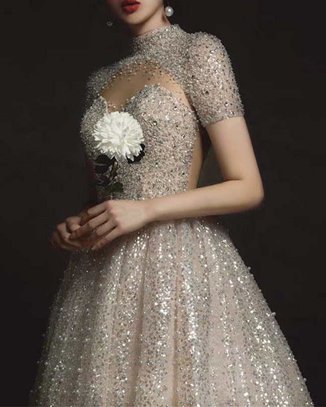 Sequins Weddding Dress High Neck Cap Sleeves