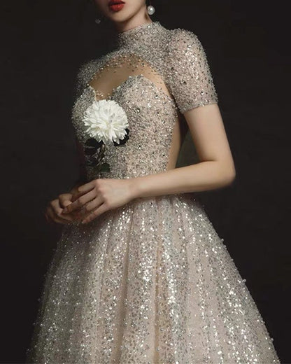 Sequins Weddding Dress High Neck Cap Sleeves