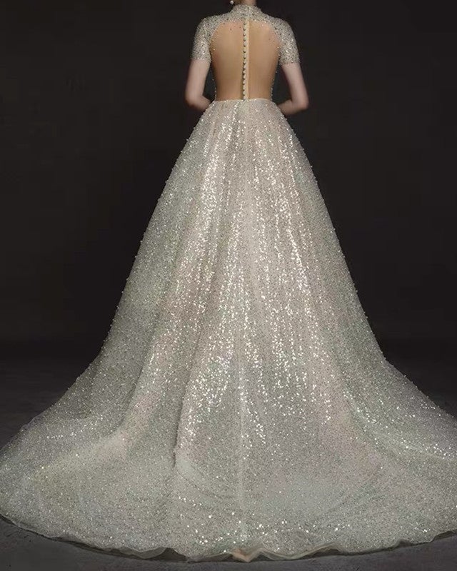 Sequins Weddding Dress High Neck Cap Sleeves