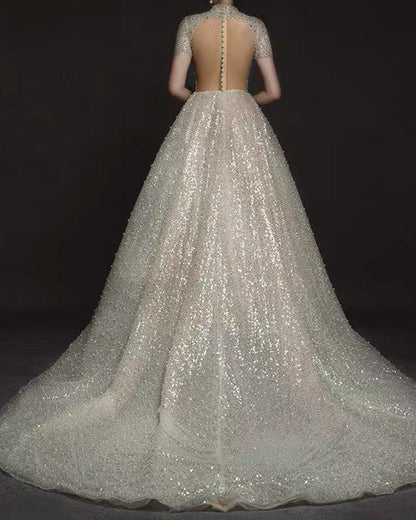 Sequins Weddding Dress High Neck Cap Sleeves