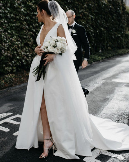 Sexy Leg Split Plunge V-neck Long Satin Wedding Dresses