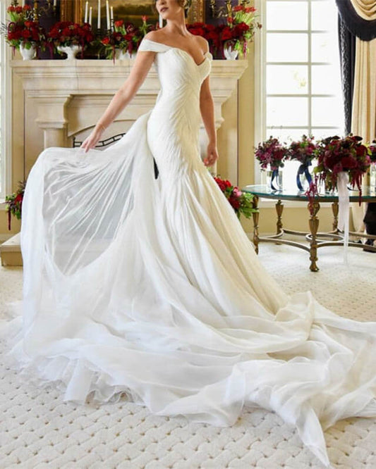 Sexy Tulle Mermaid Wedding Dresses Off Shoulder V Neck
