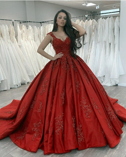 Sheer Neck Ball Gown Satin Dress Appliques Beaded