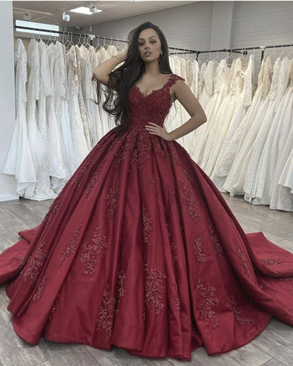 Sheer Neck Ball Gown Satin Dress Appliques Beaded