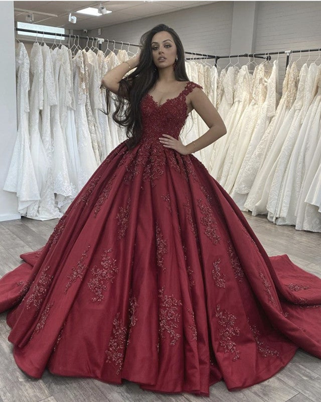 Sheer Neck Ball Gown Satin Dress Appliques Beaded