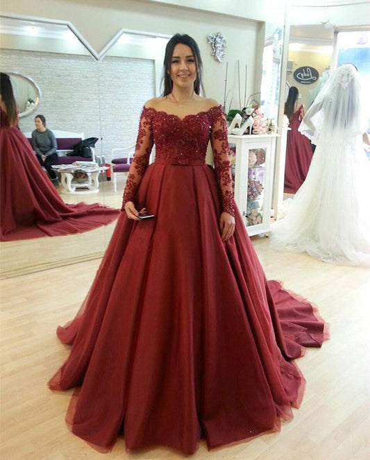 Skin Color Neckline Long Burgundy Prom Dresses Ball Gowns Lace Long Sleeves