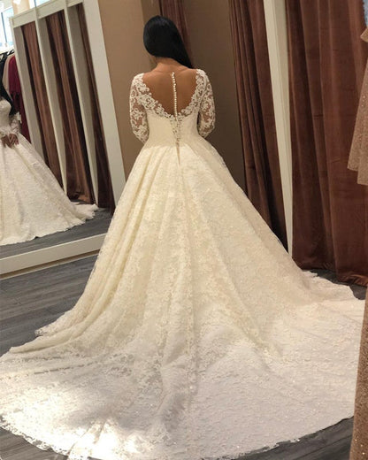 Skin Color Tulle Neckline Long Sleeves Lace Wedding Dresses