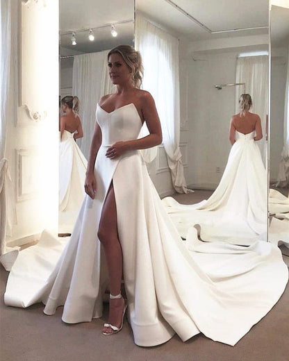 Sleek Satin Strapless Corset Satin Wedding Dress Split