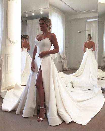 Sleek Satin Strapless Corset Satin Wedding Dress Split