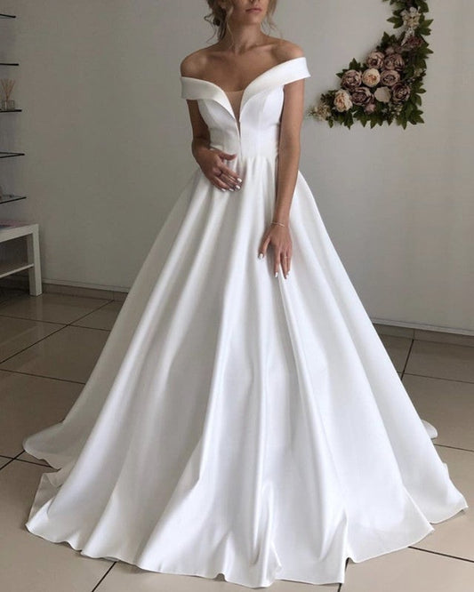 Sleeveless Wedding Dress A Line Satin Off Shoulder