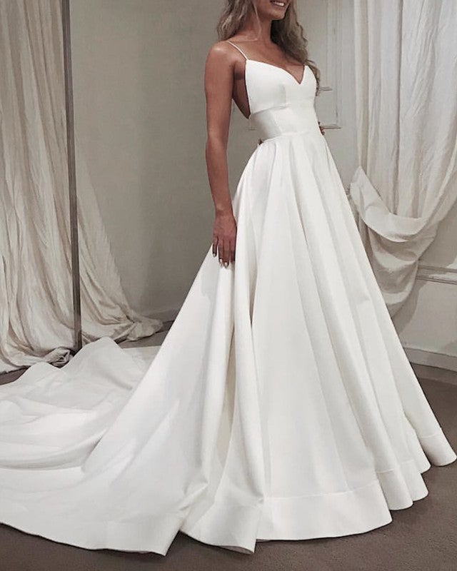 Spaghetti Straps V-neck Empire Satin Wedding Dresses