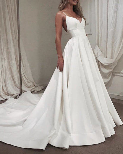 Spaghetti Straps V-neck Empire Satin Wedding Dresses