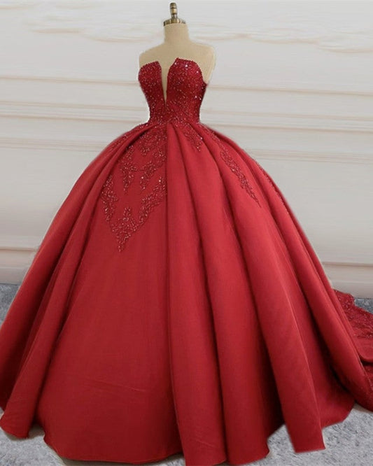 Strapless Ball Gown Satin Dresses Lace Appliques