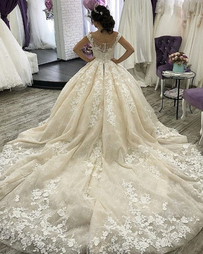 Sweep Train Cap Sleeves Ball Gown Lace Wedding Dress