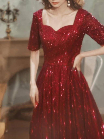 A-Line Glittering Minimalist Wedding Guest Formal Evening Dress Scoop Neck Short Sleeve Floor Length Sequined with Pleats Sequin - RongMoon
