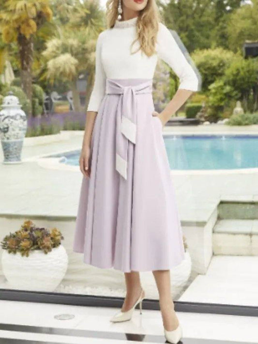 A-Line Mother of the Bride Dress Sweet High Neck Ankle Length Polyester 3/4 Length Sleeve with Sash / Ribbon Pleats - RongMoon