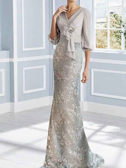 Mermaid / Trumpet Mother of the Bride Dress Elegant V Neck Sweep / Brush Train Chiffon Lace Half Sleeve with Pleats Appliques - RongMoon