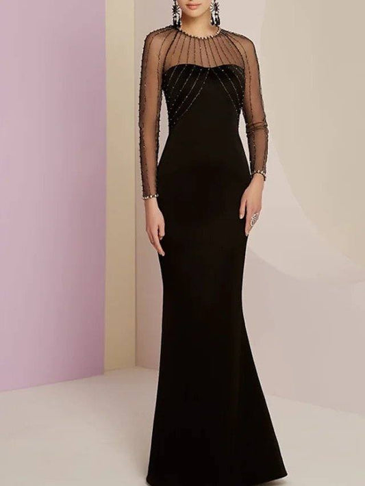 Sheath / Column Mother of the Bride Dress Elegant Sexy Jewel Neck Floor Length Stretch Fabric Long Sleeve with Beading - RongMoon