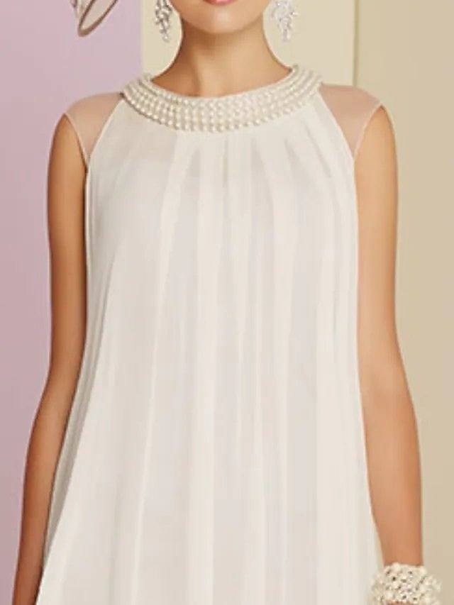 Sheath / Column Mother of the Bride Dress Elegant Jewel Neck Knee Length Chiffon Sleeveless with Pleats Beading - RongMoon