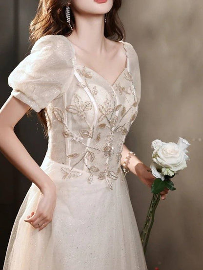 A-Line Luxurious Princess Engagement Prom Dress Off Shoulder Short Sleeve Floor Length Tulle with Appliques - RongMoon
