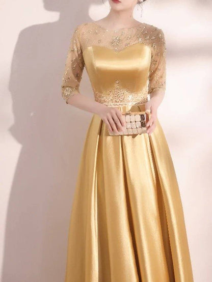 A-Line Elegant Homecoming Formal Evening Dress Jewel Neck Half Sleeve Floor Length Satin with Appliques - RongMoon