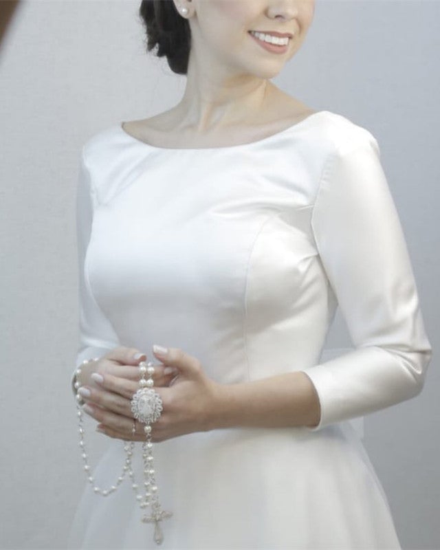 Tulle And Satin Bow Back Wedding Dresses With Sleeves