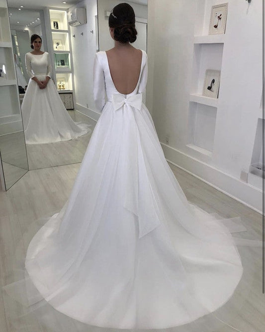 Tulle And Satin Bow Back Wedding Dresses With Sleeves