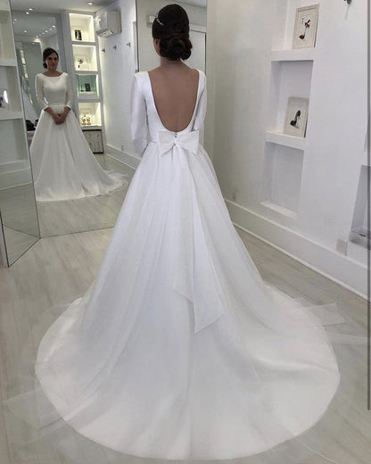 Tulle And Satin Bow Back Wedding Dresses With Sleeves