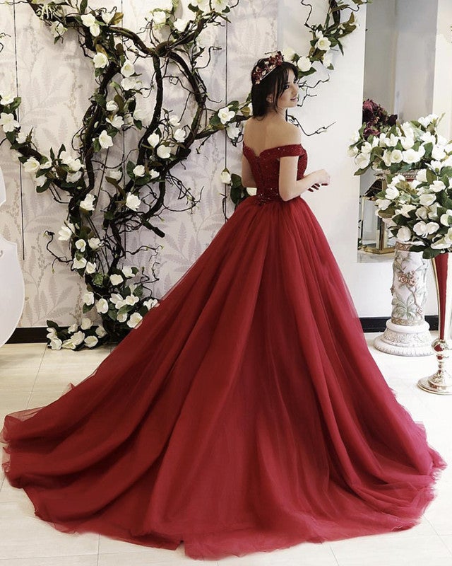 Tulle Ball Gown Dresses Beaded V Neck Off Shoulder