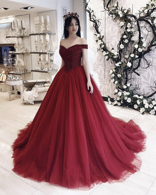 Tulle Ball Gown Dresses Beaded V Neck Off Shoulder