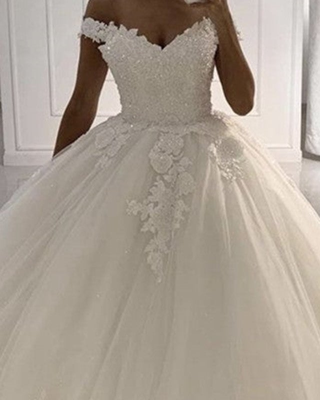 Tulle Ball Gown Wedding Dress Lace Edge Off Shoulder