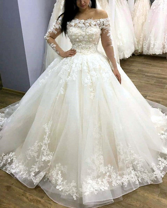Tulle Ball Gown Wedding Dresses Lace Long Sleeves Off Shoulder