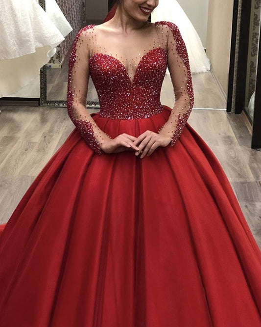 Tulle Long Sleeves Satin Wedding Dresses Ball Gown Beaded Bodice