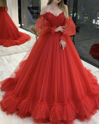 Tulle Ruffles Off Shoulder Ball Gown Dresses Removable Sleeves