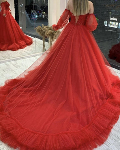 Tulle Ruffles Off Shoulder Ball Gown Dresses Removable Sleeves