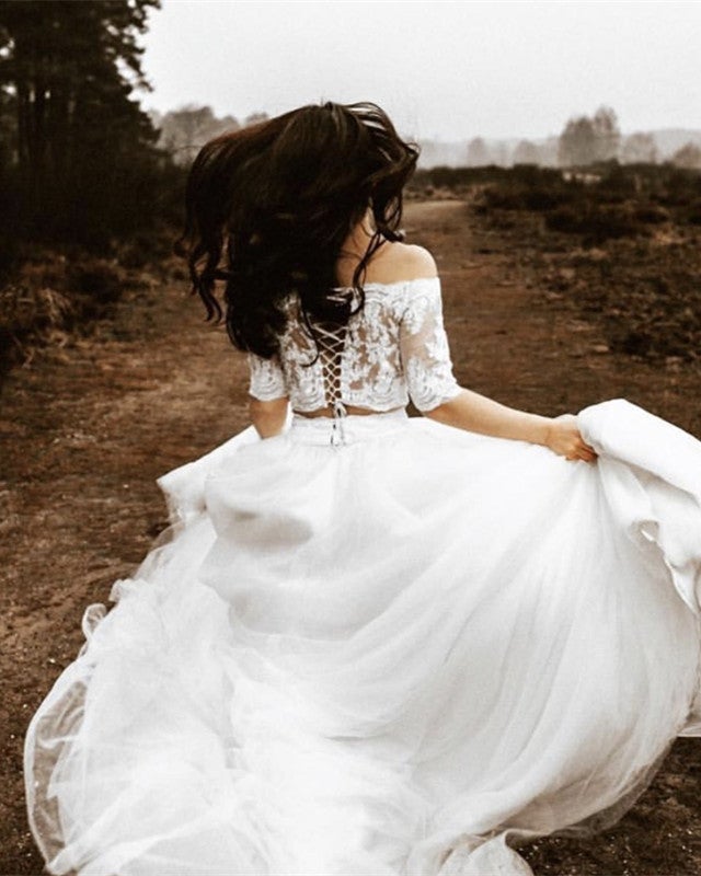 Two Piece Wedding Dress Elegant Boho Lace Crop