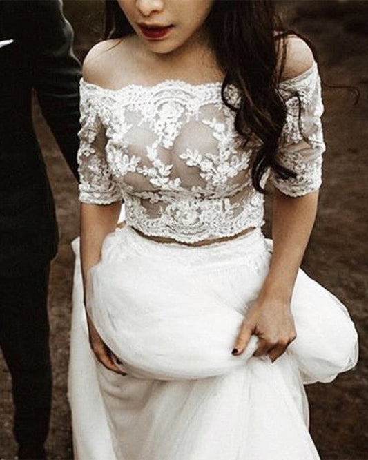 Two Piece Wedding Dress Elegant Boho Lace Crop