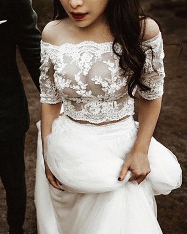 Two Piece Wedding Dress Elegant Boho Lace Crop