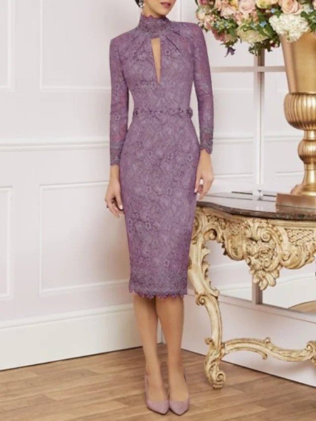 Sheath / Column Mother of the Bride Dress Plus Size High Neck Knee Length Lace 3/4 Length Sleeve with Appliques - RongMoon