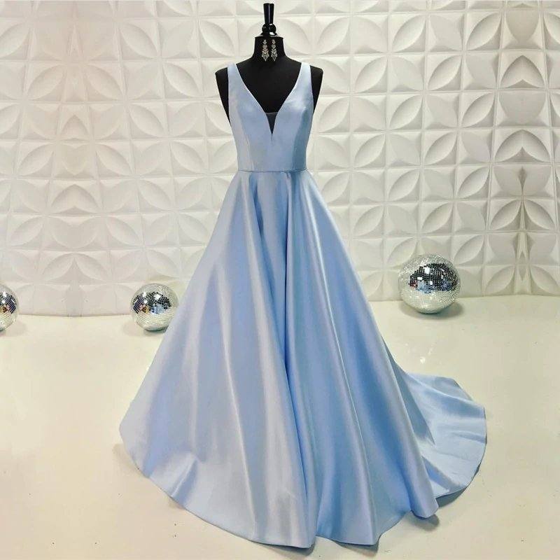Light Blue Long Satin V-neck Dresses - RongMoon