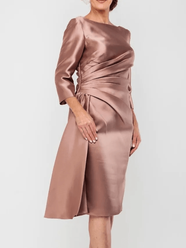 Sheath / Column Mother of the Bride Dress Elegant Jewel Neck Knee Length Satin 3/4 Length Sleeve with Split Front Ruching - RongMoon