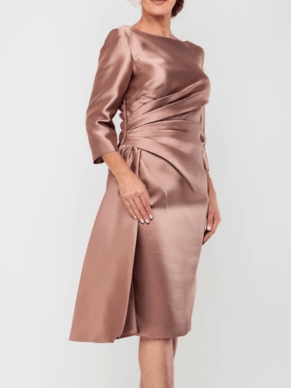 Sheath / Column Mother of the Bride Dress Elegant Jewel Neck Knee Length Satin 3/4 Length Sleeve with Split Front Ruching - RongMoon