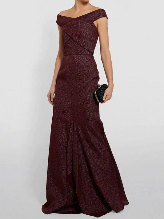 Mermaid / Trumpet Mother of the Bride Dress Sexy Off Shoulder Floor Length Polyester Short Sleeve with Criss Cross Split Front - RongMoon
