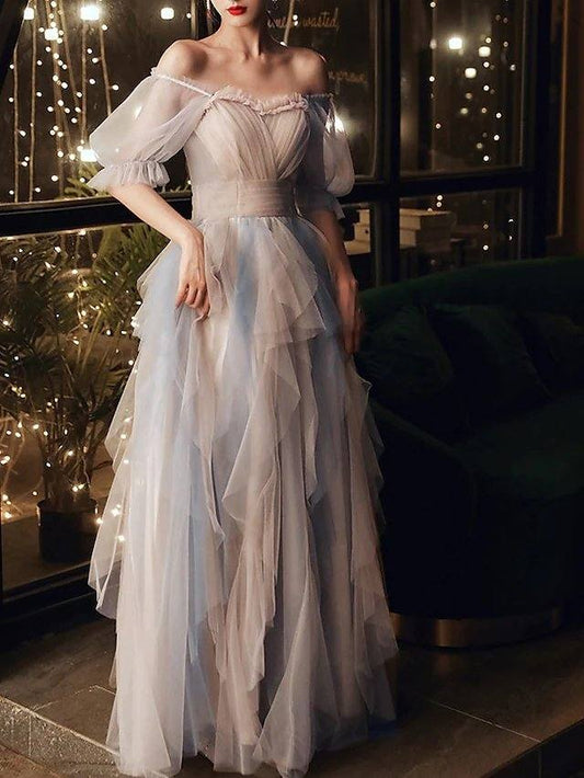 A-Line Color Block Elegant Wedding Guest Prom Dress Scoop Neck Half Sleeve Floor Length Tulle with Pleats Ruffles - RongMoon